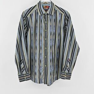 Robert Graham Mens Embroidered Stripe Collared Shirt Size L Blue Office Workwear